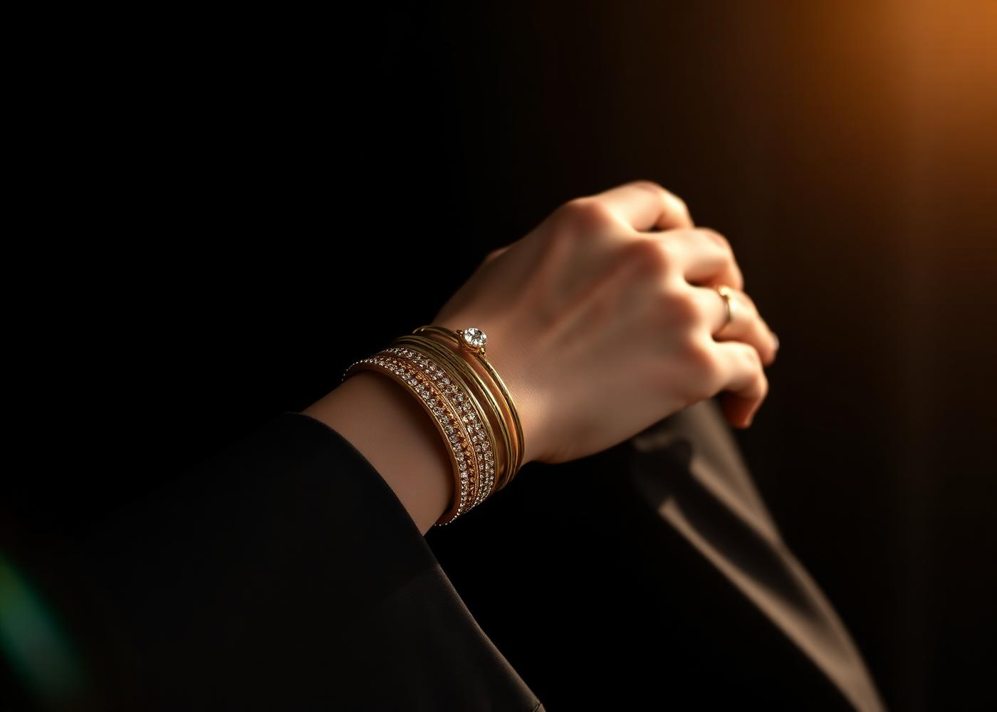 Stacked gold bracelets on a wrist in warm editorial light